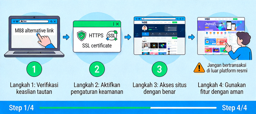 Animasi tutorial langkah demi langkah cara menggunakan link alternatif M88 dengan aman dan benar