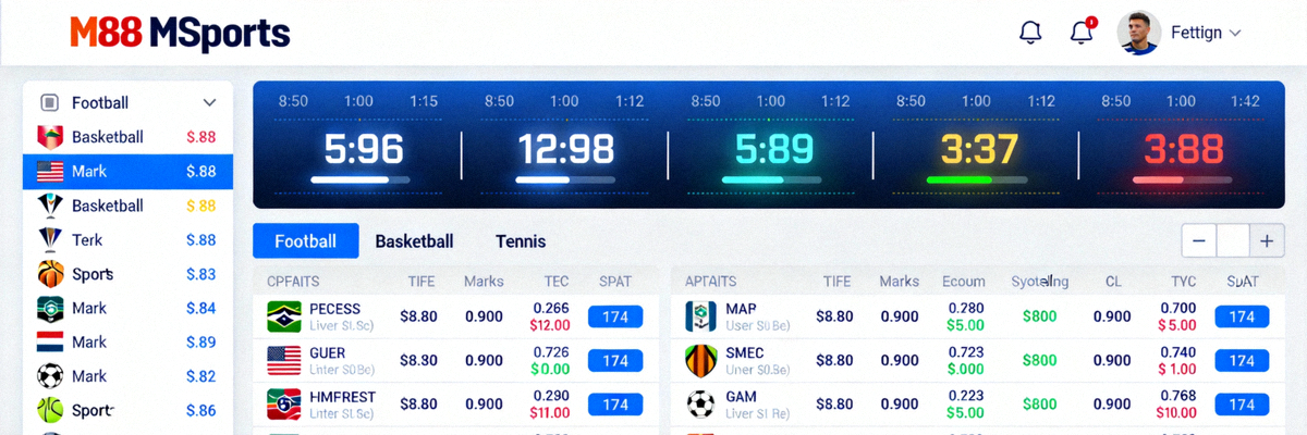 Antarmuka live betting M88 MSports dengan update skor real-time dan berbagai pasaran taruhan