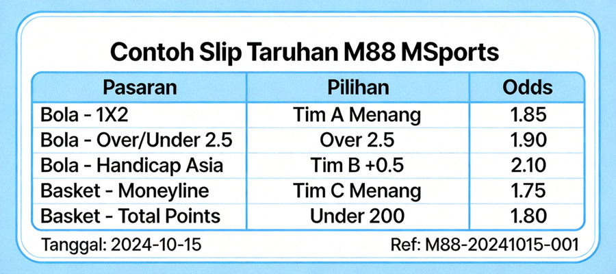 Contoh slip taruhan M88 MSports dengan berbagai pilihan pasaran dan odds yang tersedia