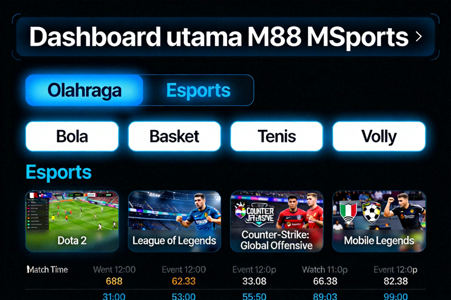 Dashboard utama M88 MSports dengan navigasi berbagai olahraga dan esports yang tersedia